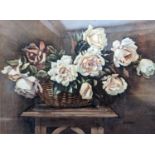 James Gray RSW (Scottish fl.1917-1947). Still life wicker basket of roses.  Watercolour. 41cm x