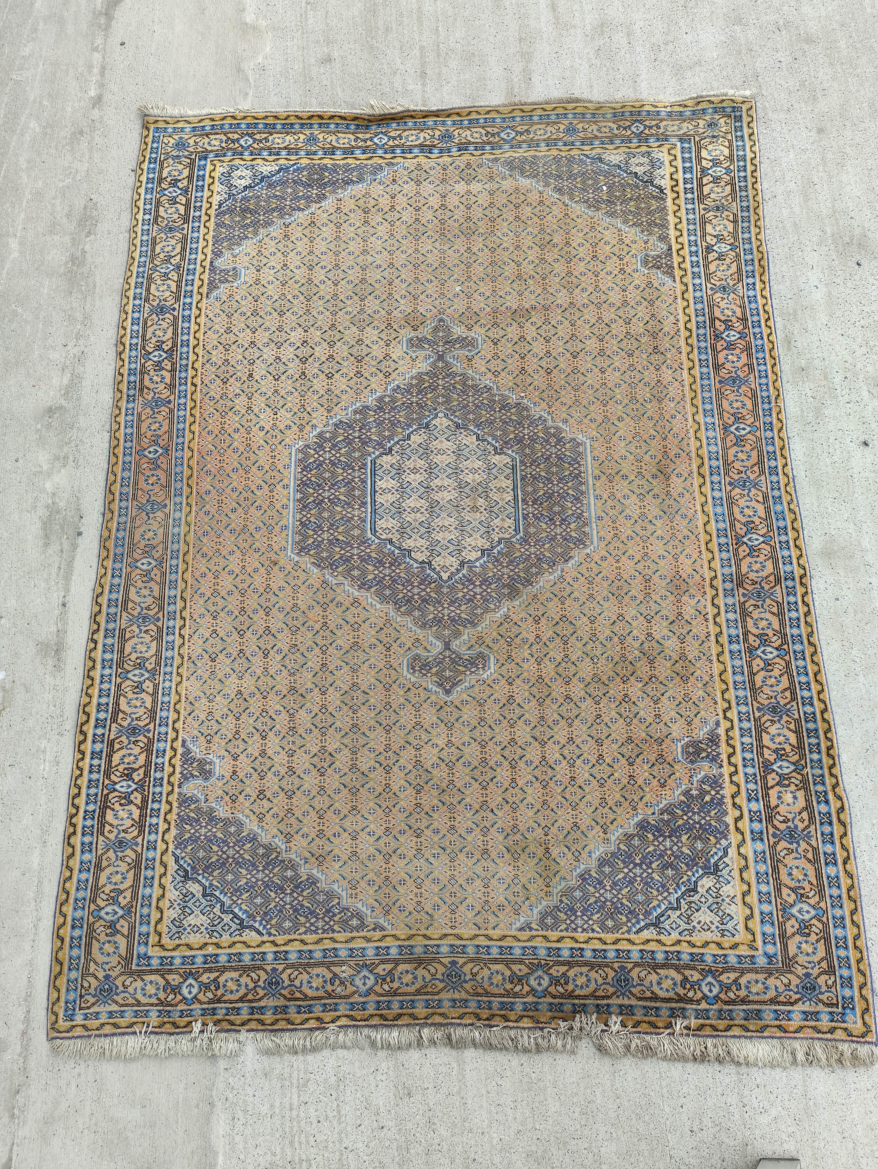 Eastern carpet with central hexagonal lozenge in a diamond lattice field with stylised flowerhead