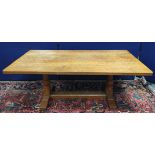 Robert "Mouseman" Thompson oak refectory dining table, the rectangular top above two turned and