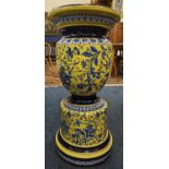 20th century pottery jardinière stand, the yellow ground decorated with blue floral spray, 71cm