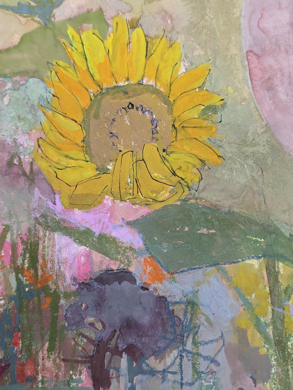 Irene M. Halliday (Scottish b.1931). Sunflowers. Mixed media on paper, unframed. 54cm x 73cm. - Image 2 of 2