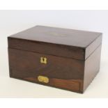 Victorian rosewood lady's travelling toilet or vanity box with inlaid brass handle and escutcheon,