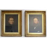 Pair of overpainted portrait photographs of a Victorian lady and gentleman, in foliate moulded