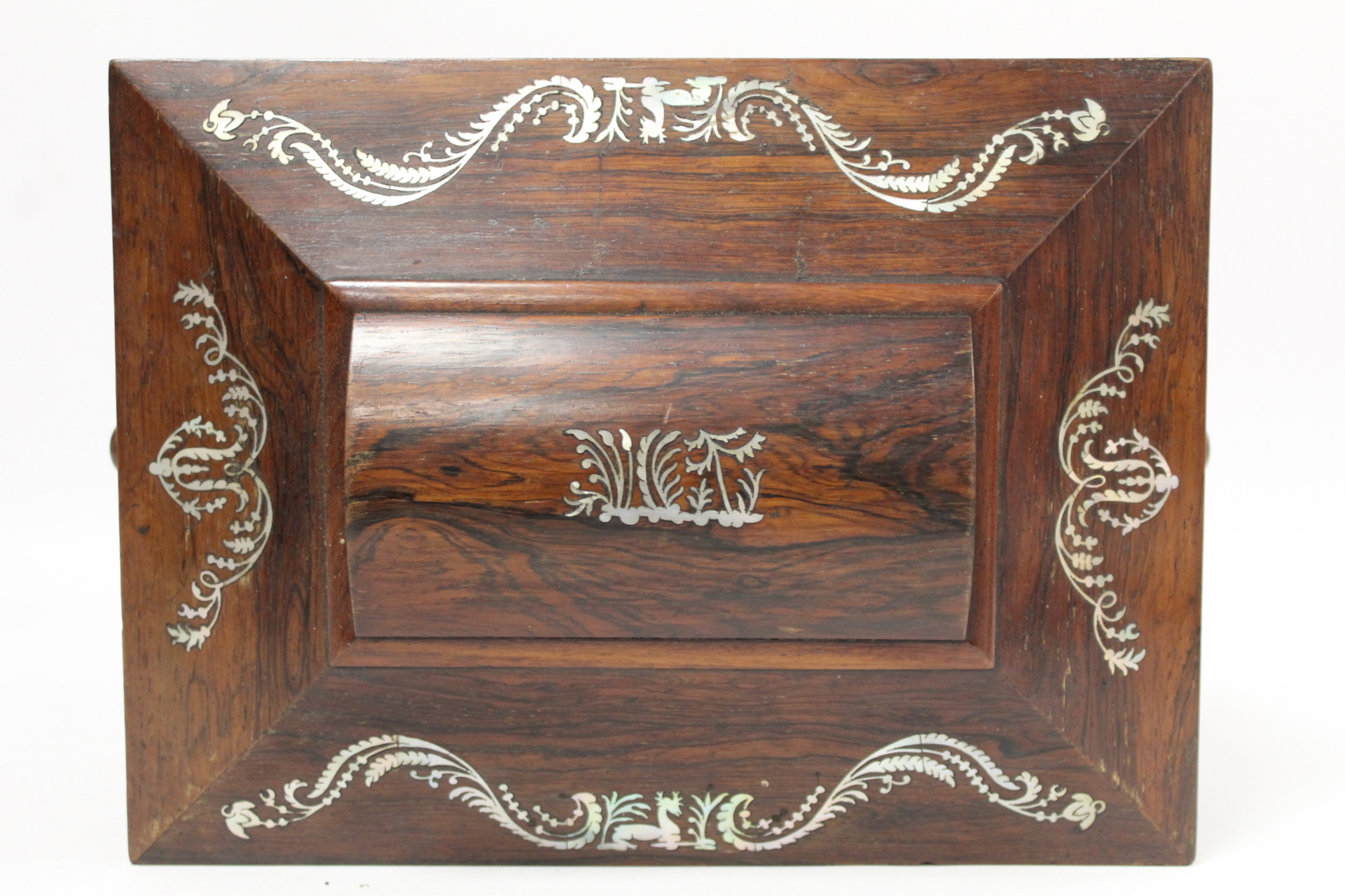 Early 19th century Regency rosewood workbox of twin handled sarcophagus form on four reeded bun - Image 6 of 13