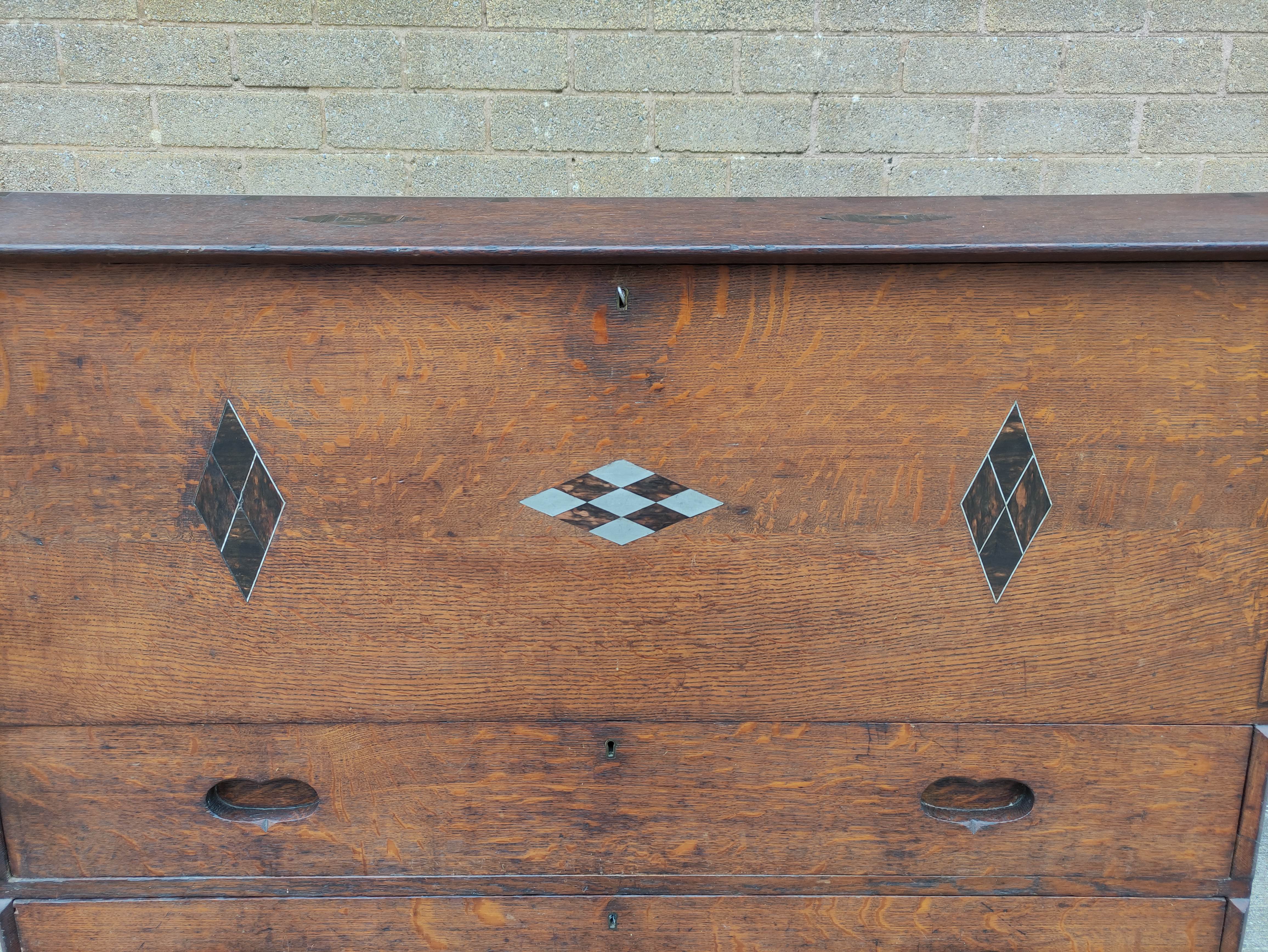 Rare Arts and Crafts coffer chest, attributed to  Heals, with tapering sides, angled rising top, - Image 2 of 7