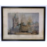 Large coloured engraving by William Monk (1863-1937) of a Continental cathedral city, 66cm x 87cm,