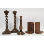Treen pokerwork candlestick with baluster column, domed circular foot and floral decoration, 25cm