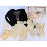 Small quantity of antique lace and crochet work including 1920's black lace jacket, lace bodice,