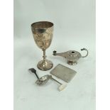 Silver cup, 1908, a Roman lamp lighter, 1904, a Dutch sifter spoon, a cigarette case and a child's