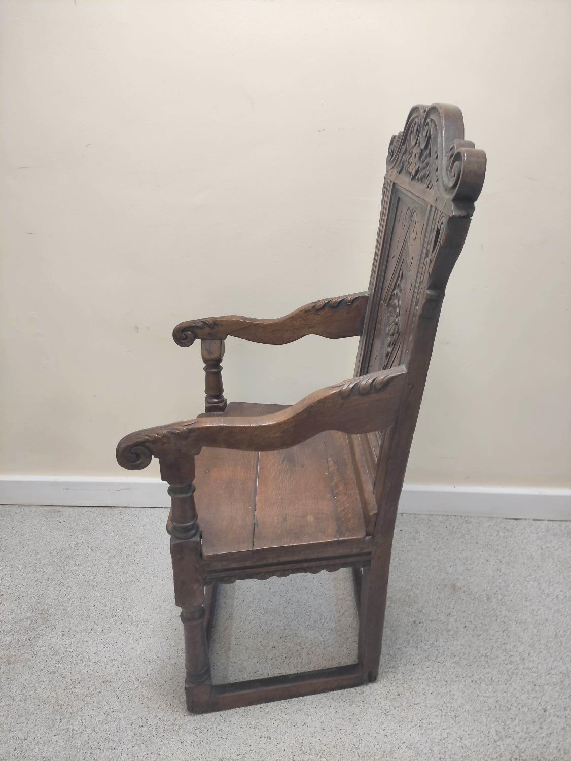 17th century and later oak wainscot armchair, North of England, the carved panelled back above - Image 5 of 6