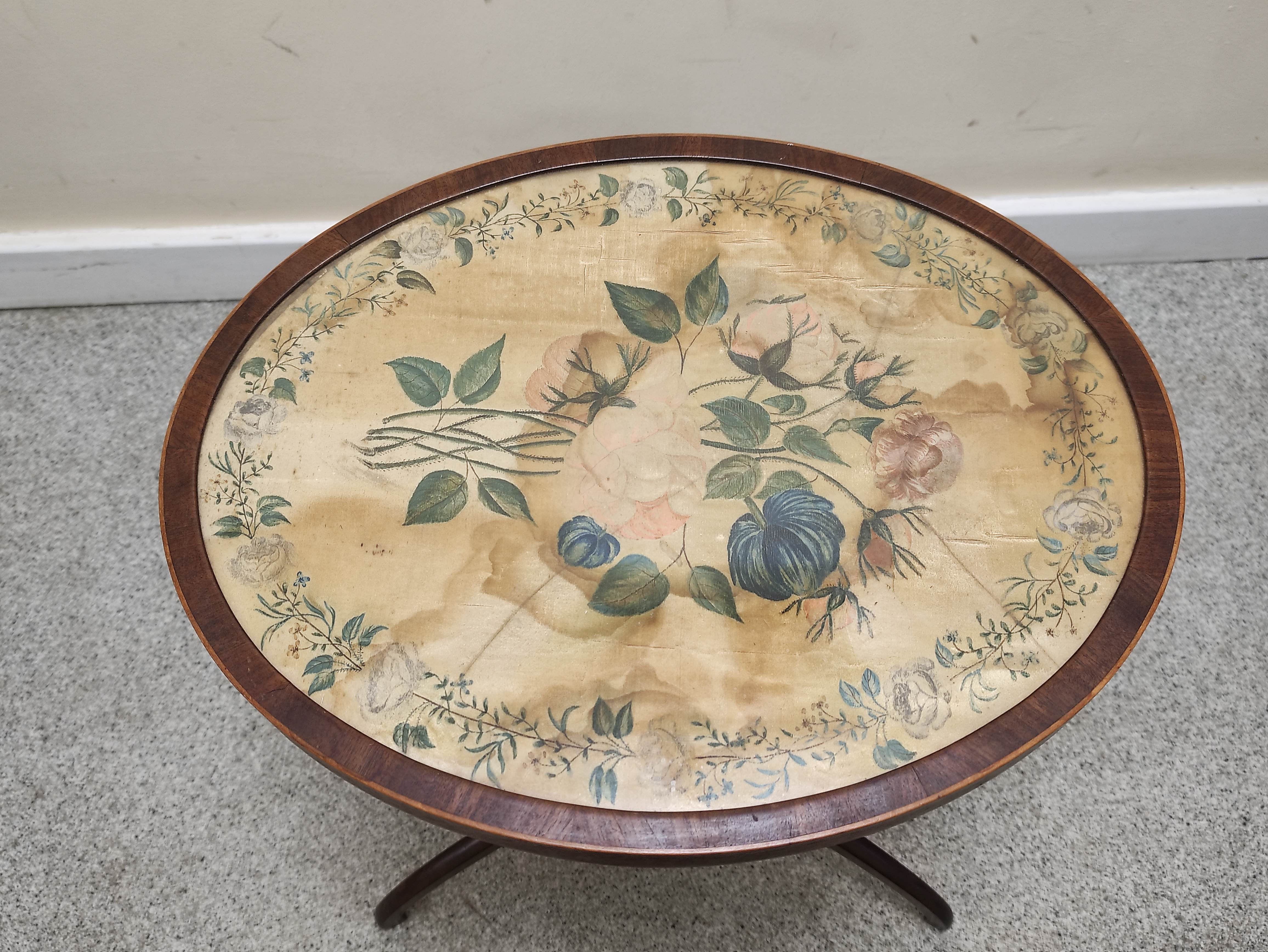 Early 19th century mahogany occasional table, the oval top with florally painted silk under glass - Image 3 of 4