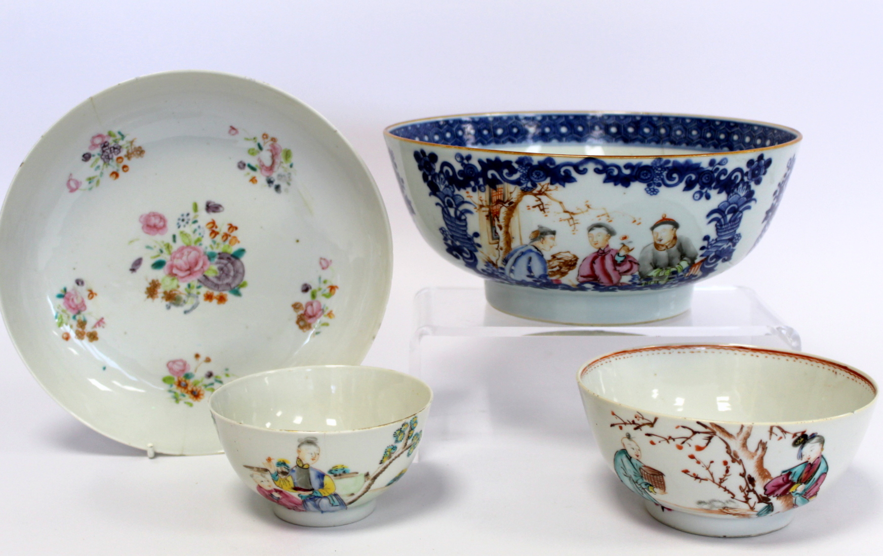Four pieces of 18th century Chinese porcelain, comprising: circular punch bowl with polychrome