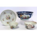 Four pieces of 18th century Chinese porcelain, comprising: circular punch bowl with polychrome