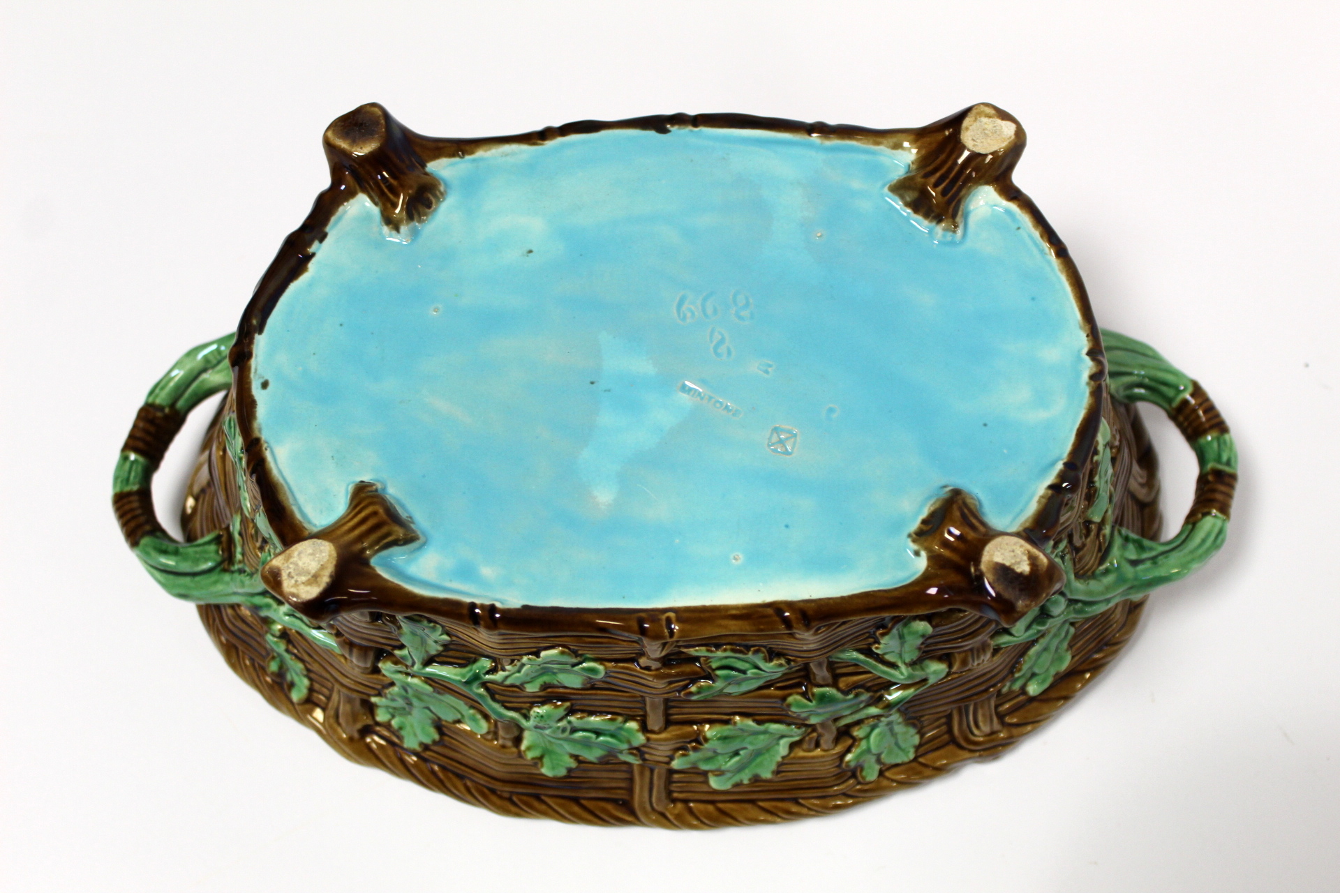 Victorian Minton majolica game pie tureen of twin handled oval form, the relief moulded naturalistic - Image 9 of 22