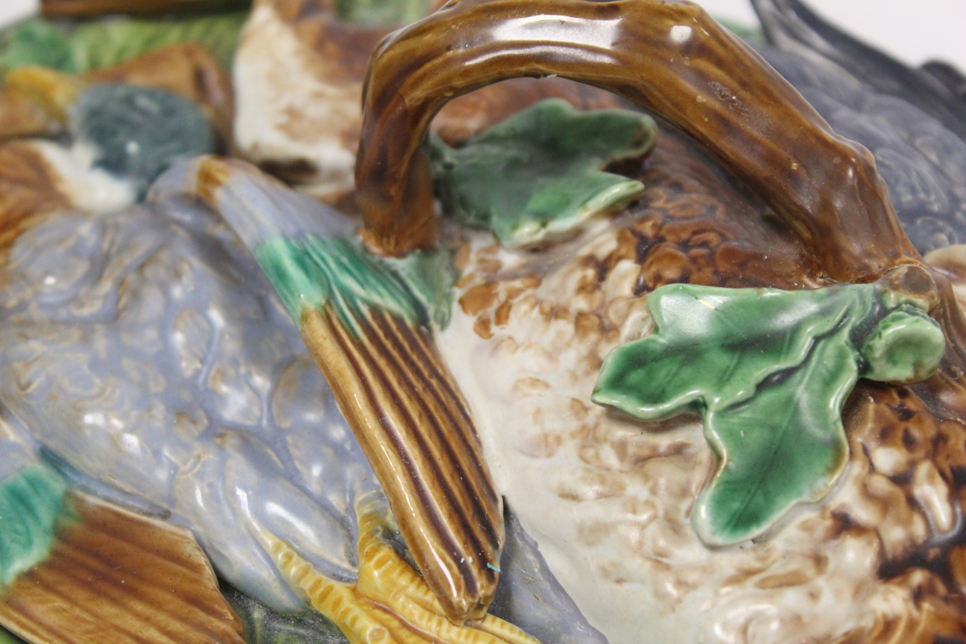 Victorian Minton majolica game pie tureen of twin handled oval form, the relief moulded naturalistic - Image 15 of 22