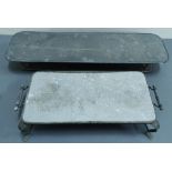 Rectangular metal hot plate on scroll supports with two burners and a rectangular stand.  (2).