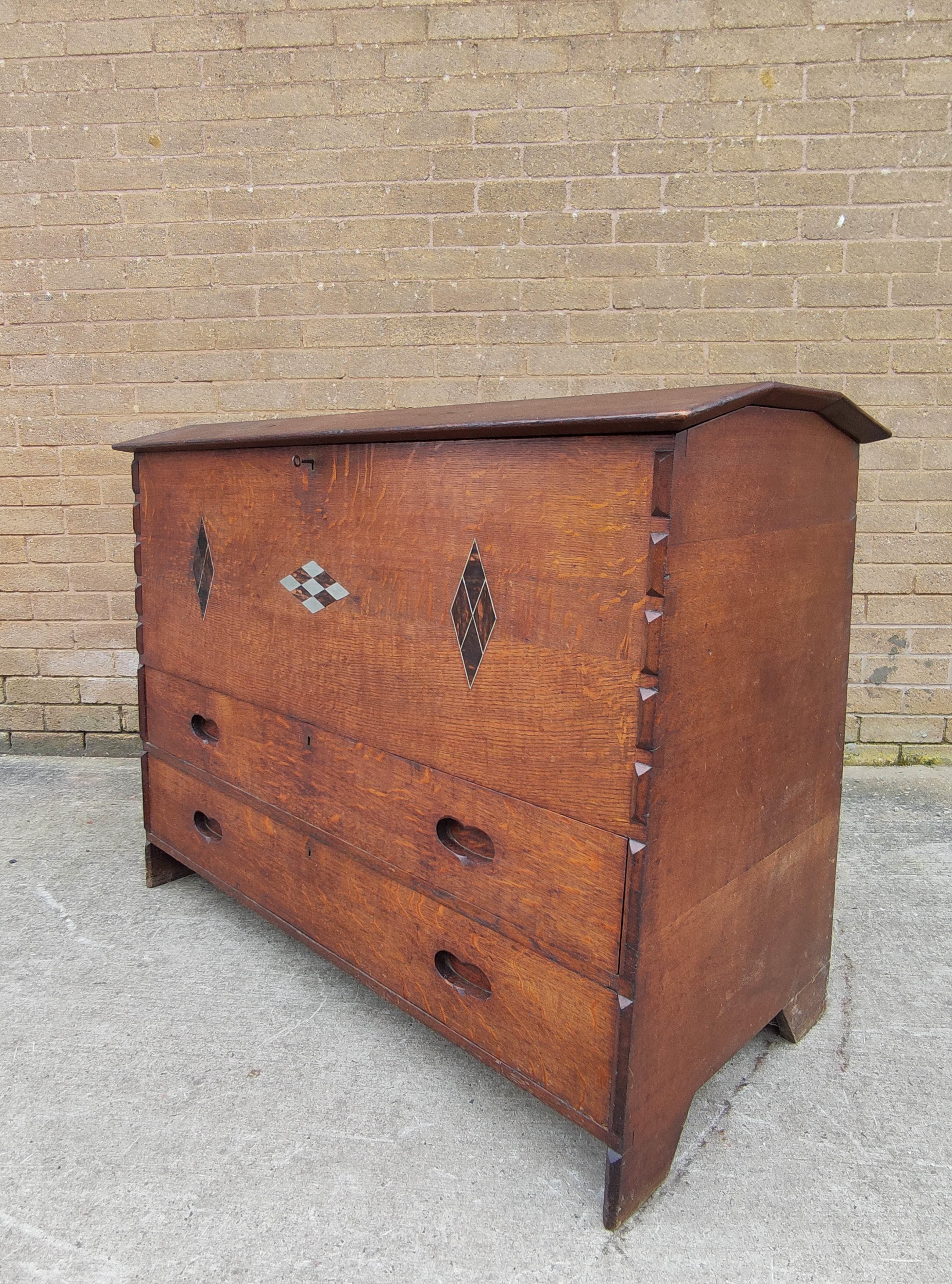 Rare Arts and Crafts coffer chest, attributed to  Heals, with tapering sides, angled rising top, - Image 7 of 7