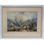 Attrib. Henry Harris Lines (British 1801 - 1889). Swiss Alps mountainous landscape with village.