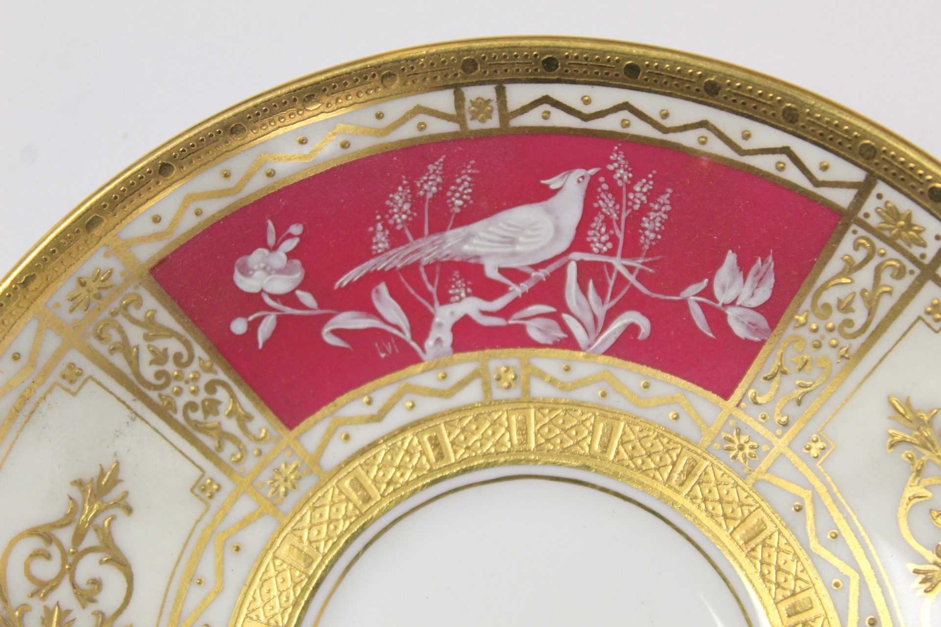 Minton bone china pate sur pate cabinet cup and saucer with cerise and white panels of exotic - Image 18 of 26