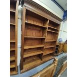 Late 19th/early 20th century large oak open front library bookcase in two sections, with pine back