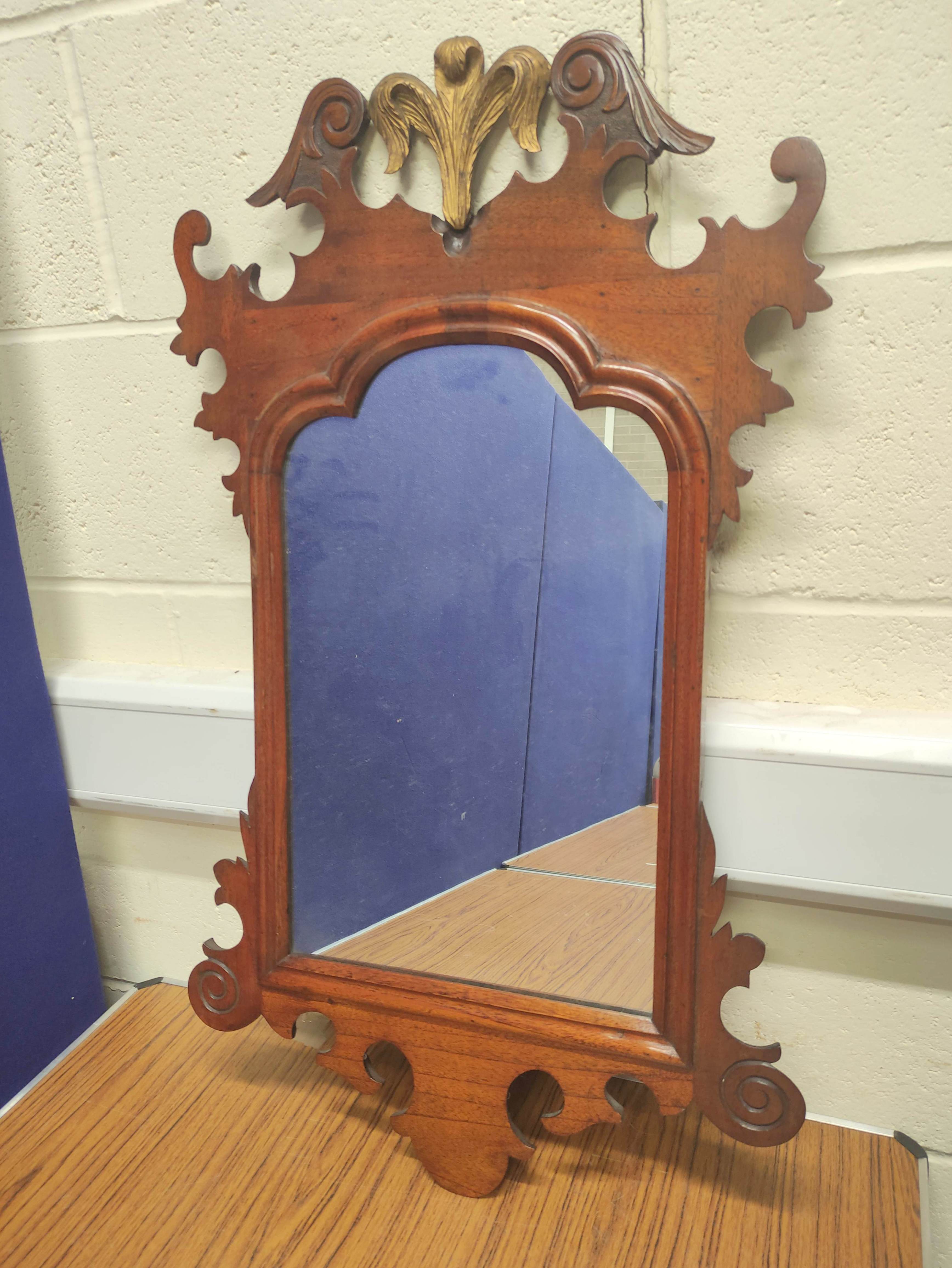 Antique George III style mahogany scroll wall mirror, with Prince of Wales parcel gilt surmount,