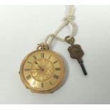 Geneva cylinder watch with engraved gold dial and o.f. case '18k' 37mm Gross 34g.