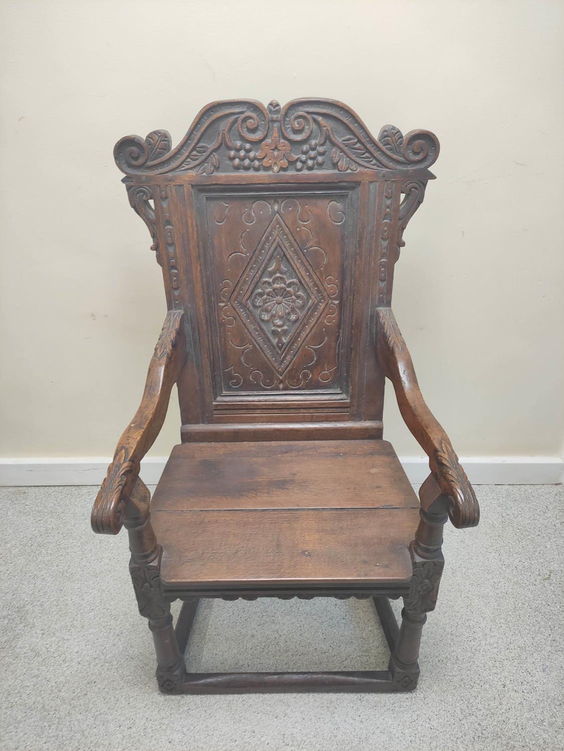 17th century and later oak wainscot armchair, North of England, the carved panelled back above - Image 2 of 6