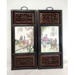 Pair of Chinese porcelain plaques after the 'Eight friends of Zhushan', in carved wooden frames, c.