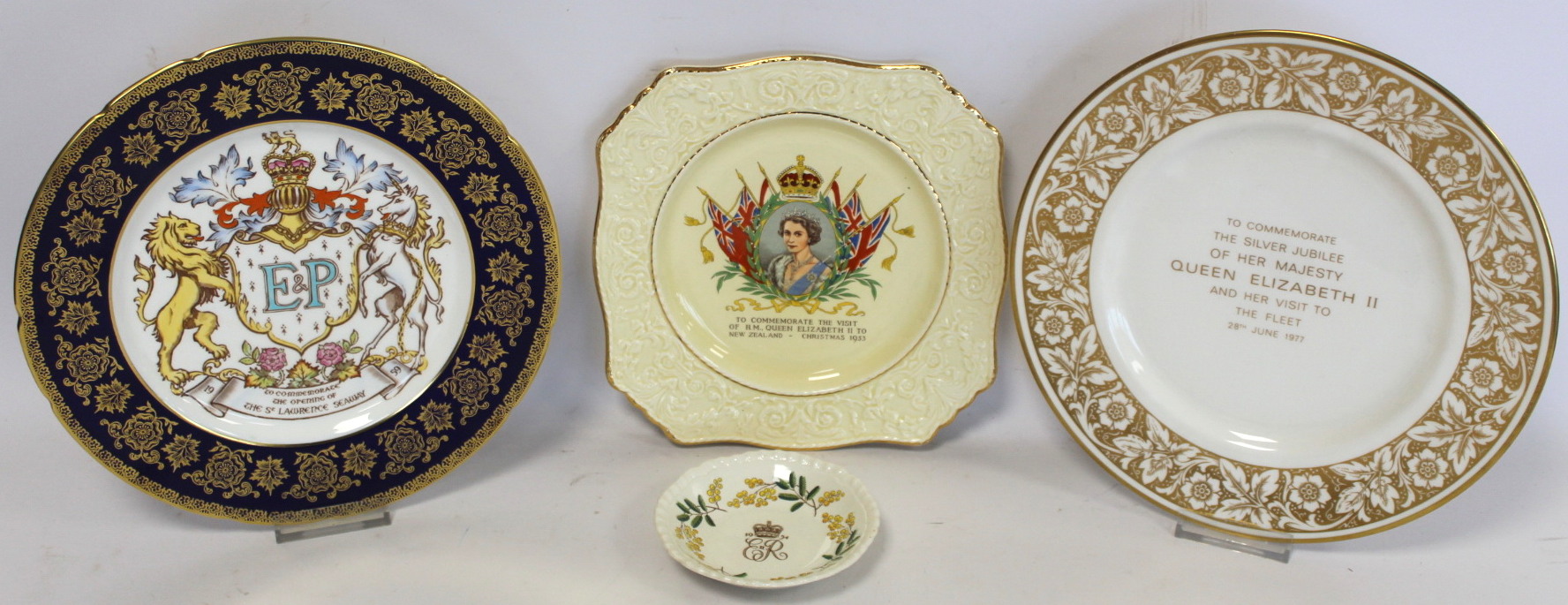 Three pieces of commemorative ware for overseas Royal visits by Queen Elizabeth II, comprising: