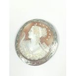 Cameo brooch nicely carved featuring Diana with bow and arrows, engraved silver. C1880 55x49mm