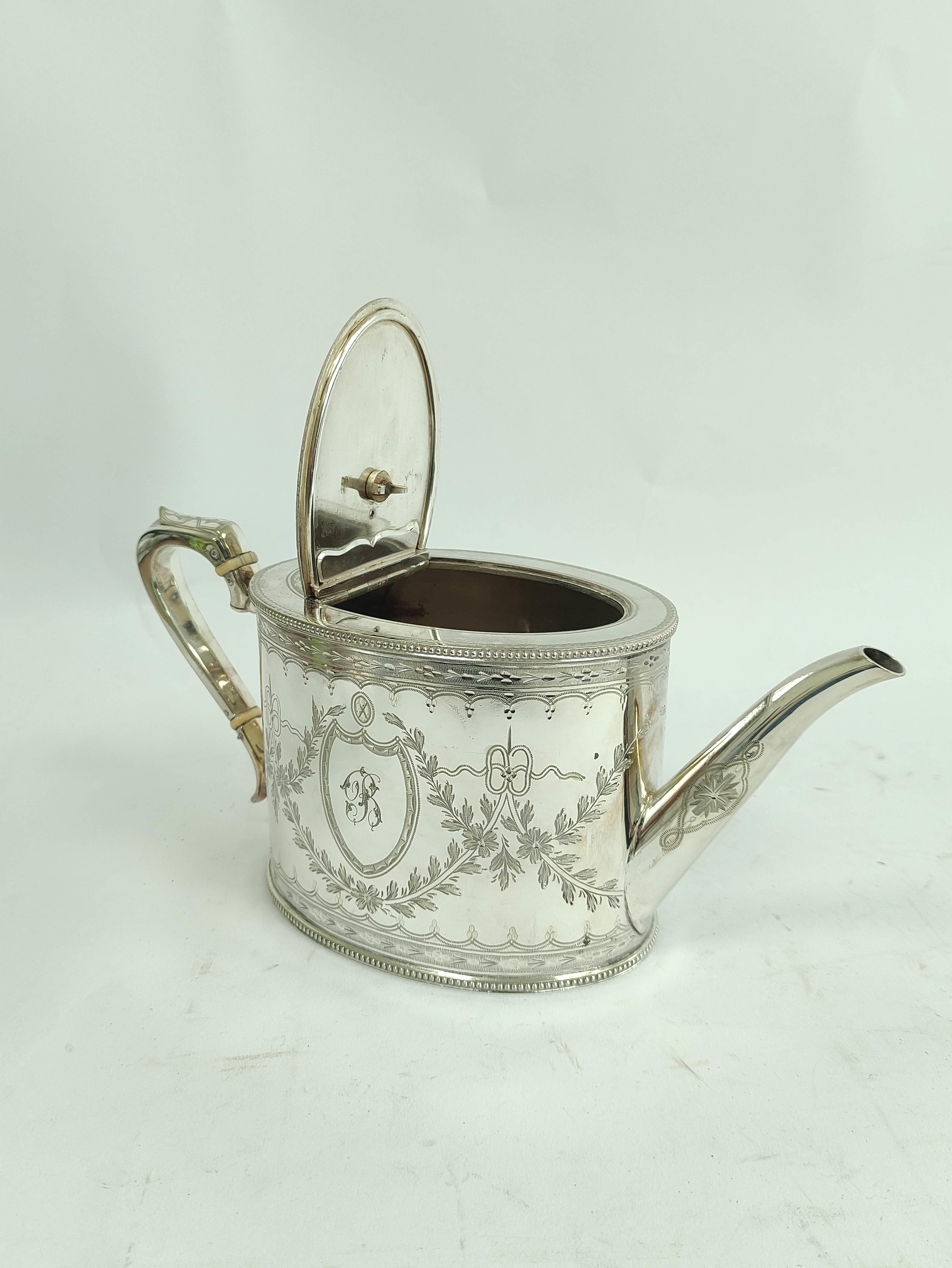 Victorian e.p. engraved three-piece tea set of late 18th century style with straight sides, with - Image 4 of 5