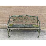 Victorian Coalbrookdale style iron garden seat of overall foliate branch pattern with slatted wood