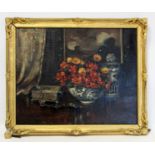 Late 19th/Early 20th Century School. Still life of flowers, vase and trinket box. Oil on canvas.