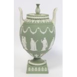 20th century Wedgwood large green jasperware covered vase of twin handled ovoid urn form, the