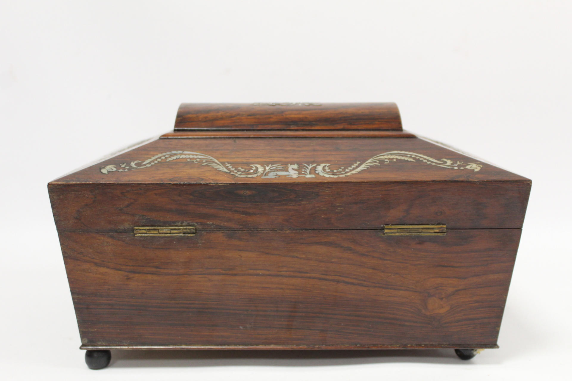 Early 19th century Regency rosewood workbox of twin handled sarcophagus form on four reeded bun - Image 4 of 13