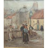 Eugene Dekkert (German 1865-1956). Pittenweem - East Neuk fishing village street scene with figures.