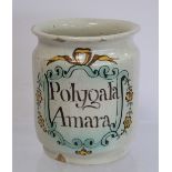 Continental maiolica tin glazed earthenware apothecary wet drug jar of cylindrical form, the