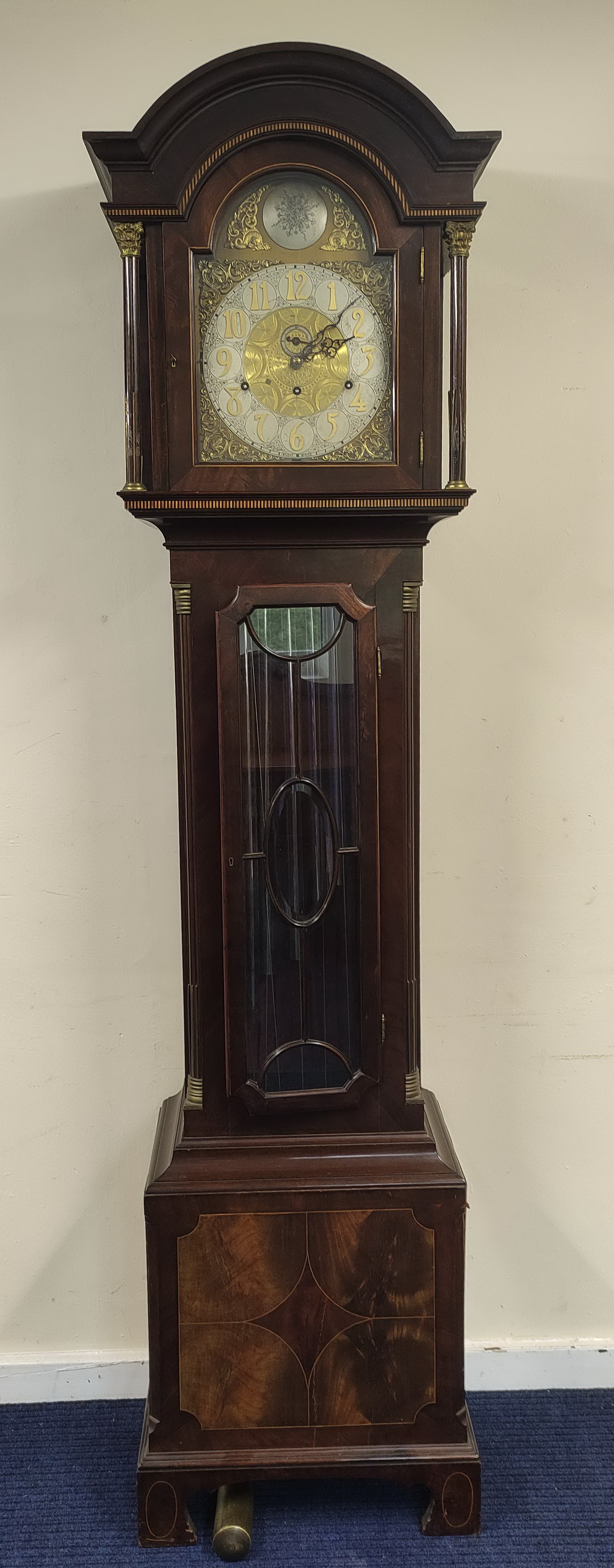 Early 20th century Continental three train long case clock, with silvered and brass dial, selection