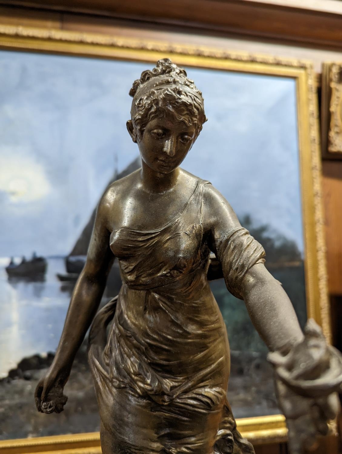 French gilt spelter and onyx figural mantle clock, the top with a standing female allegorical figure - Image 3 of 5