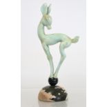 Istvan Komaromy Art Deco figure of a deer, in mottled brown and pale green glass standing on a small