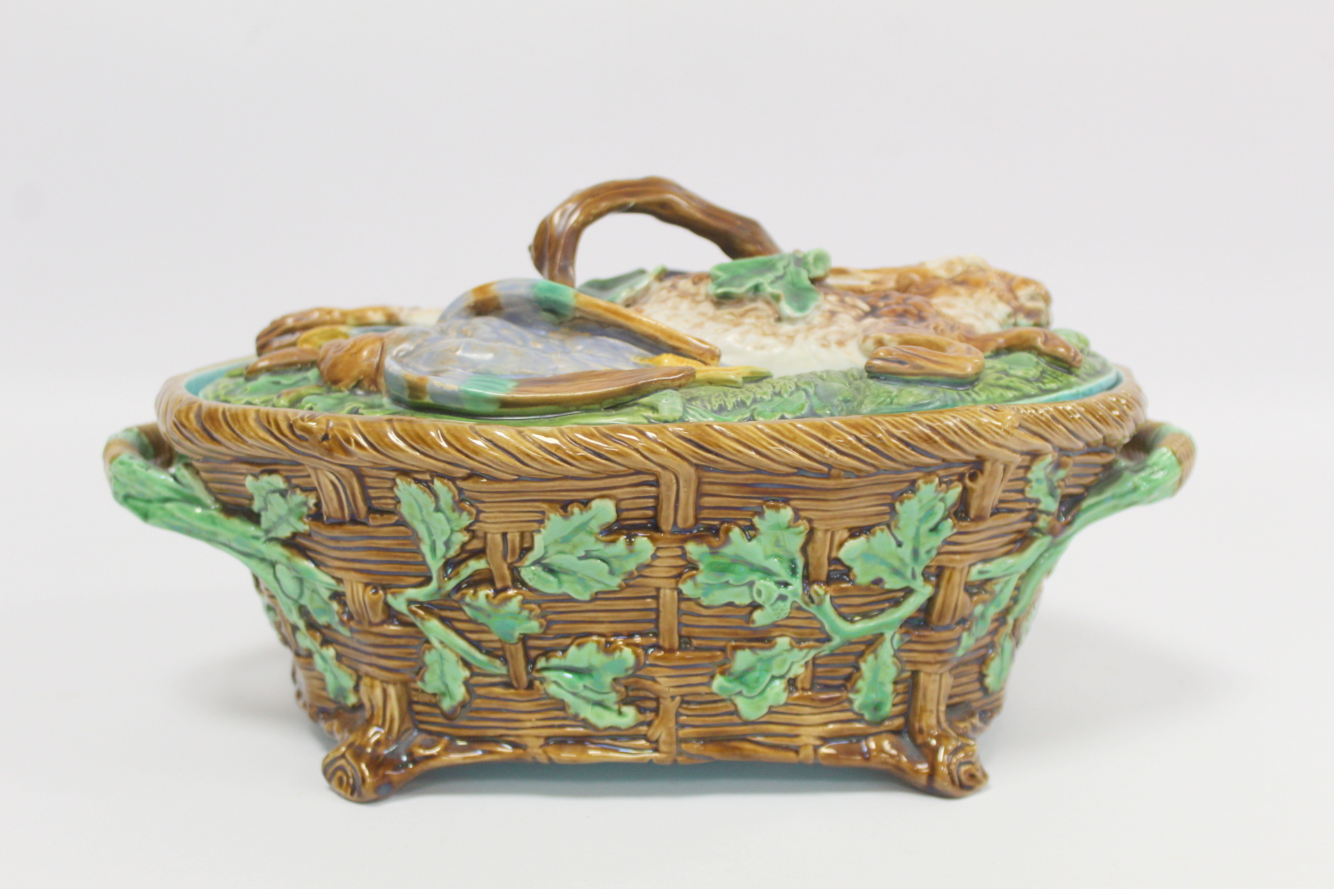 Victorian Minton majolica game pie tureen of twin handled oval form, the relief moulded naturalistic - Image 4 of 22