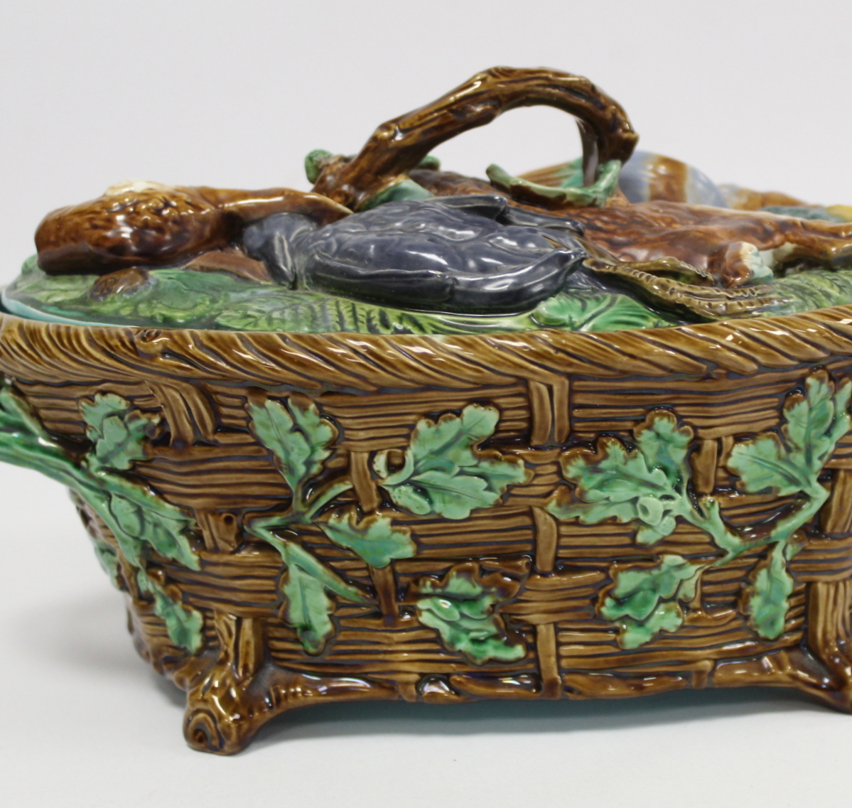 Victorian Minton majolica game pie tureen of twin handled oval form, the relief moulded naturalistic - Image 6 of 22