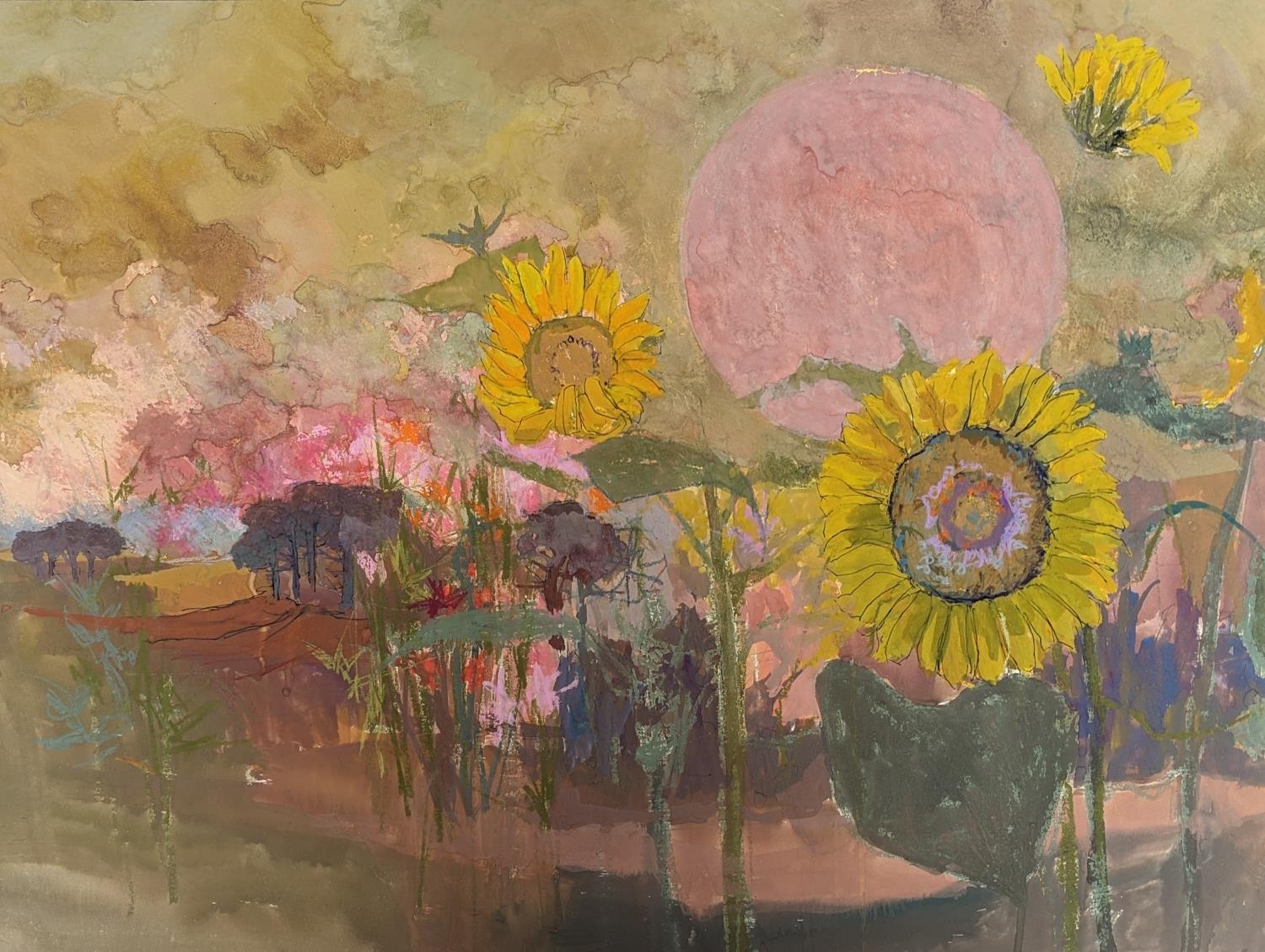 Irene M. Halliday (Scottish b.1931). Sunflowers. Mixed media on paper, unframed. 54cm x 73cm.