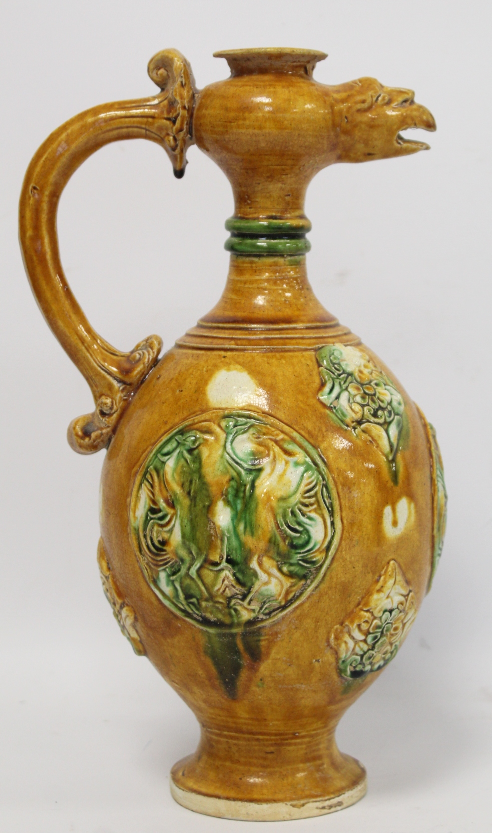 Chinese sancai glazed pottery phoenix head ewer in the Tang dynasty style, the ovoid body with - Image 3 of 18