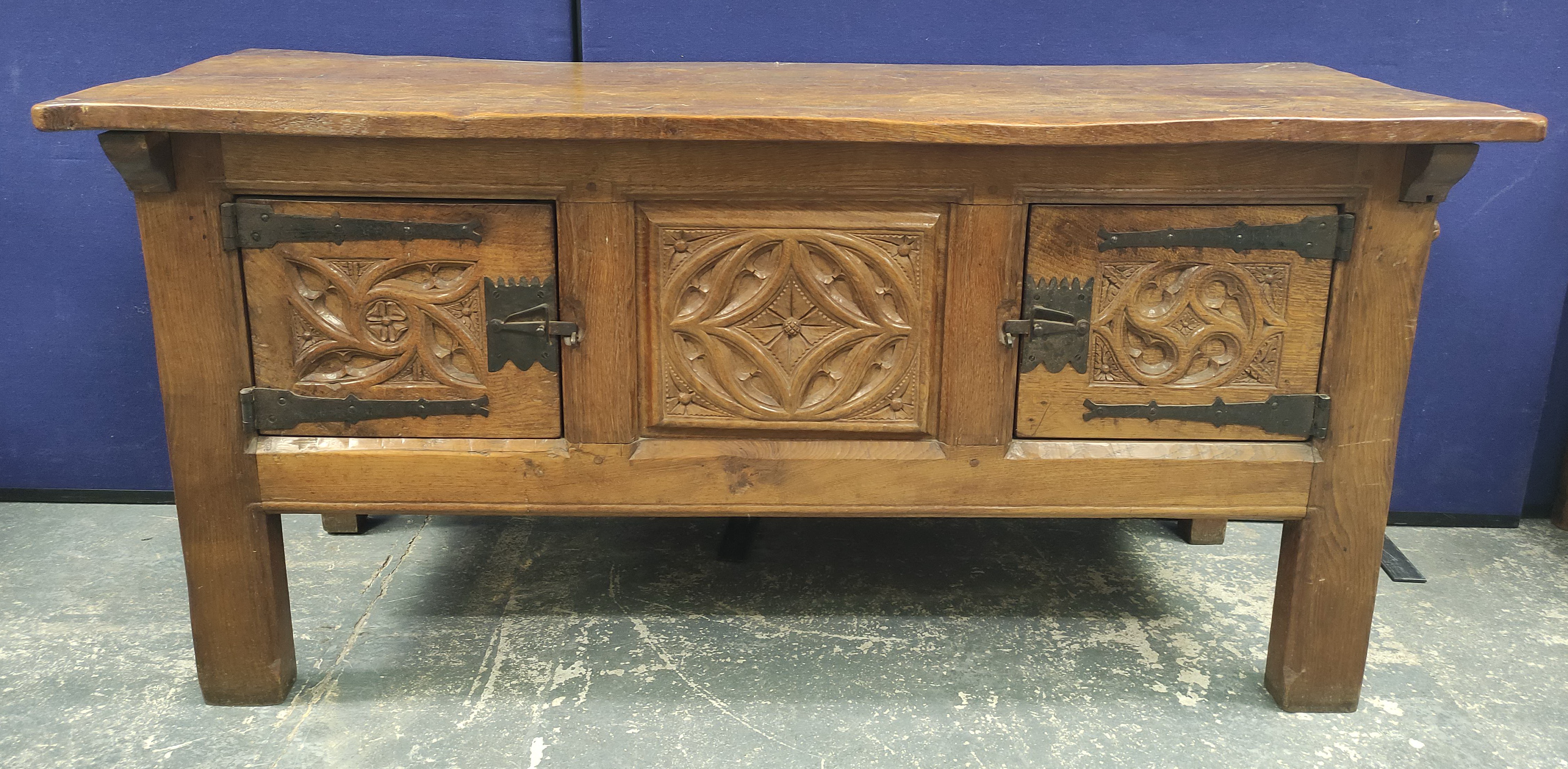 Robert "Mouseman" Thompson, oak sideboard, the rectangular top with scroll incised corners above - Image 2 of 10