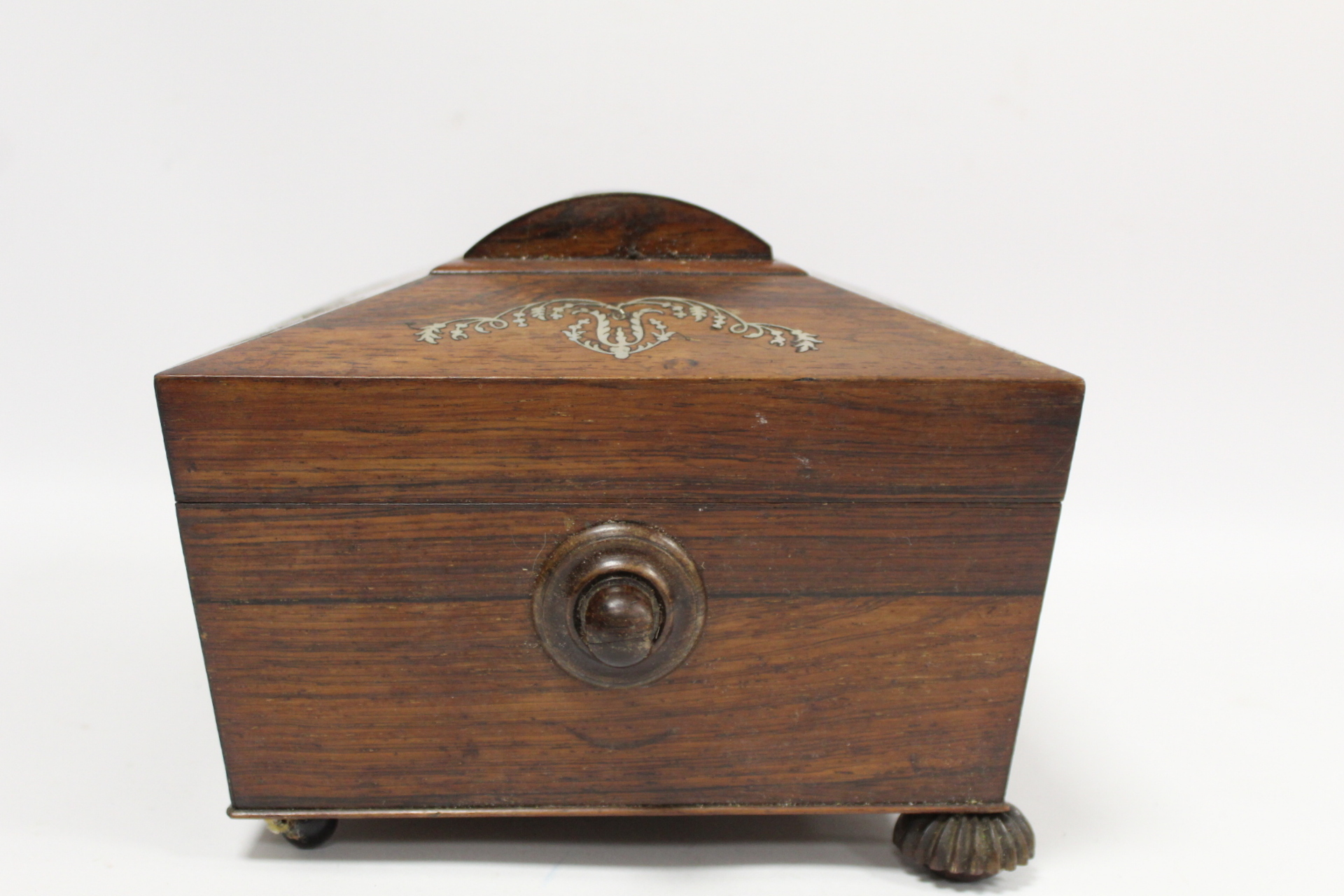 Early 19th century Regency rosewood workbox of twin handled sarcophagus form on four reeded bun - Image 3 of 13