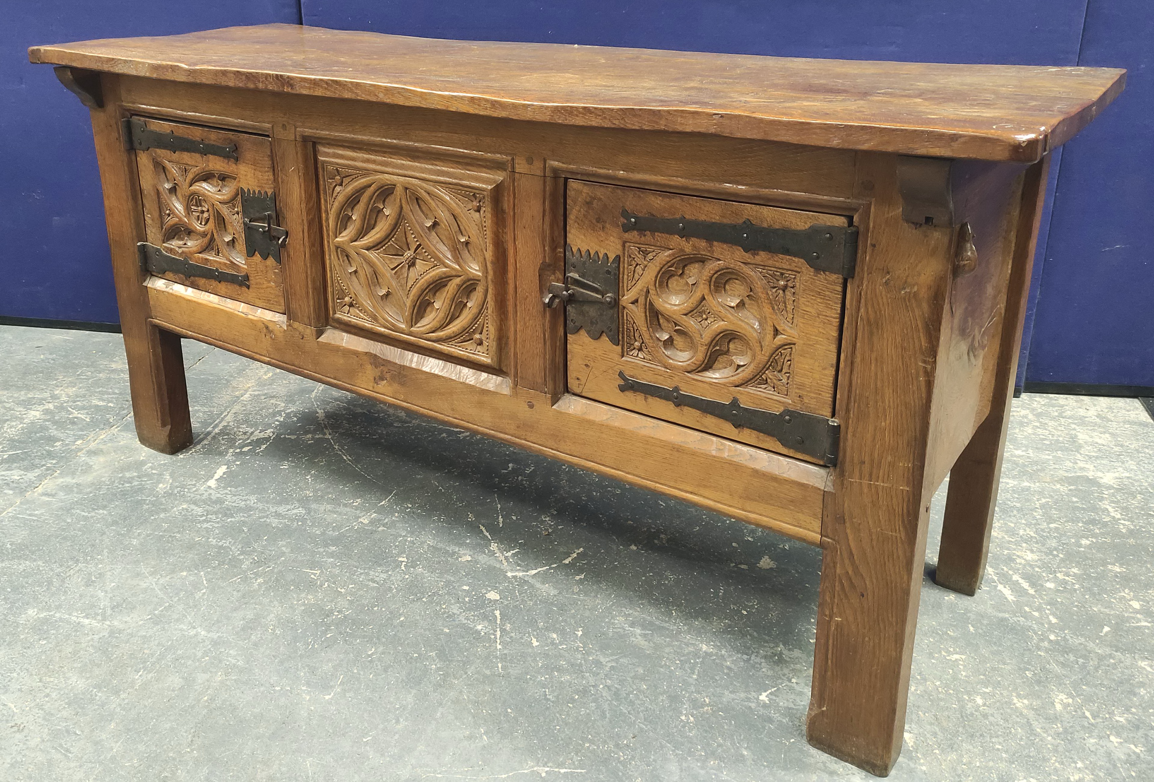 Robert "Mouseman" Thompson, oak sideboard, the rectangular top with scroll incised corners above - Image 5 of 10