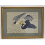 Ralston Gudgeon (Scottish 1910-1984).  Peregrine Falcon striking rook. Watercolour and gouache on