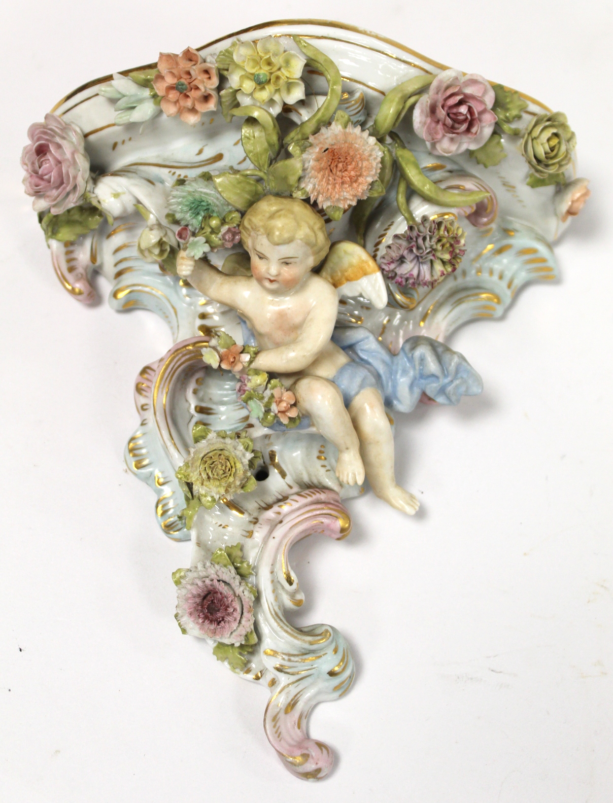 Sitzendorf porcelain wall bracket of rococo floral encrusted scroll form surmounted by a cherub with - Bild 2 aus 10