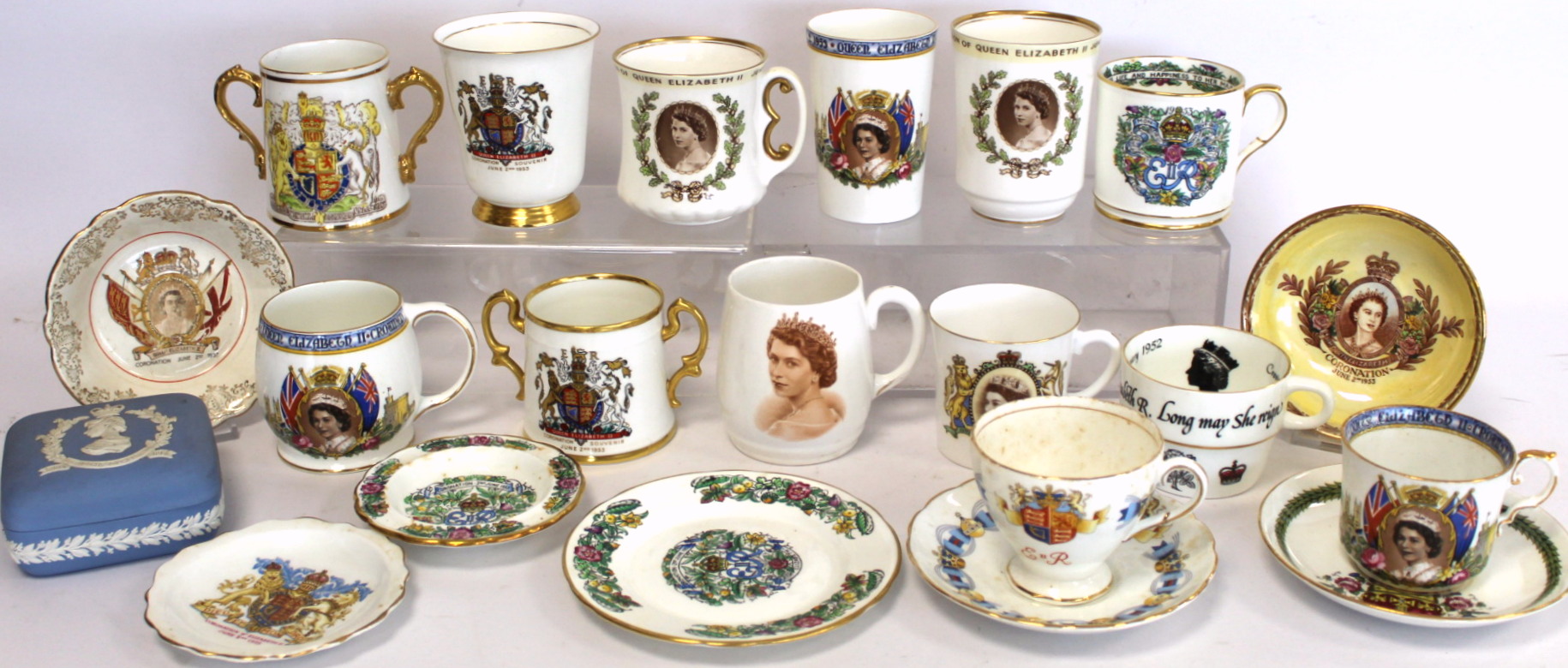 Coronation of Elizabeth II 1953, a collection of various commemorative mugs, loving cups, dishes,
